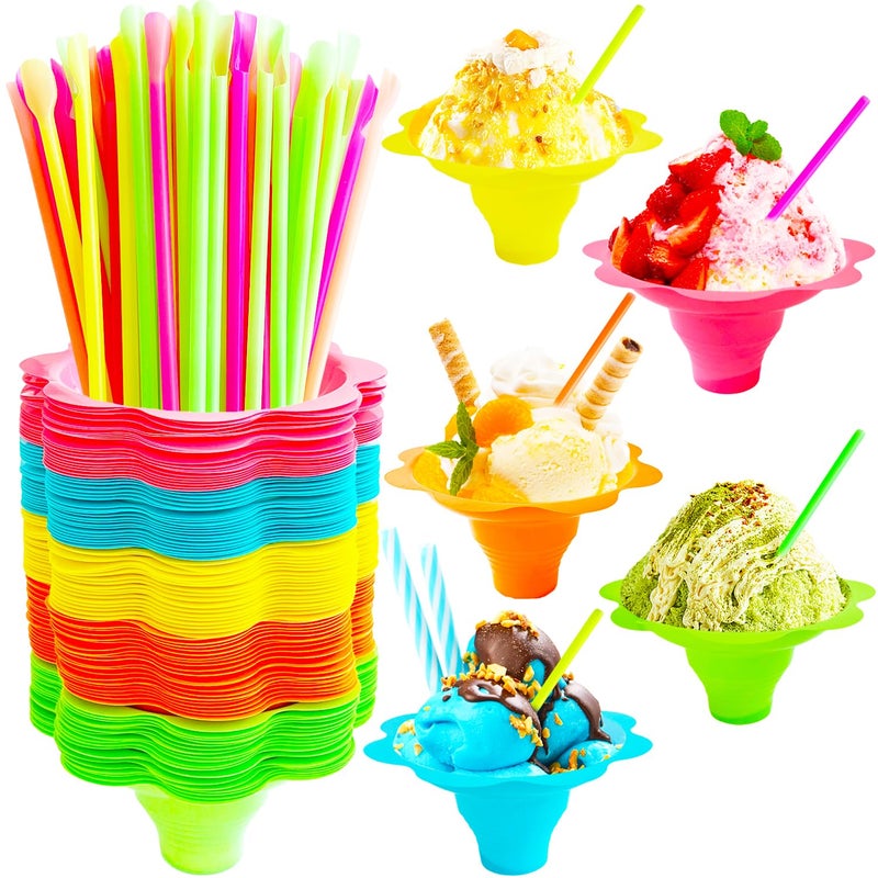 Haawooky 200Pcs 4oz Snow Cone Cups with Spoon StrawsFlower Shaped Ice Cream Snacks CupColorful Reusable Plastic Bowls Easy Grip for Kids Holiday Summer Beach Party Birthday